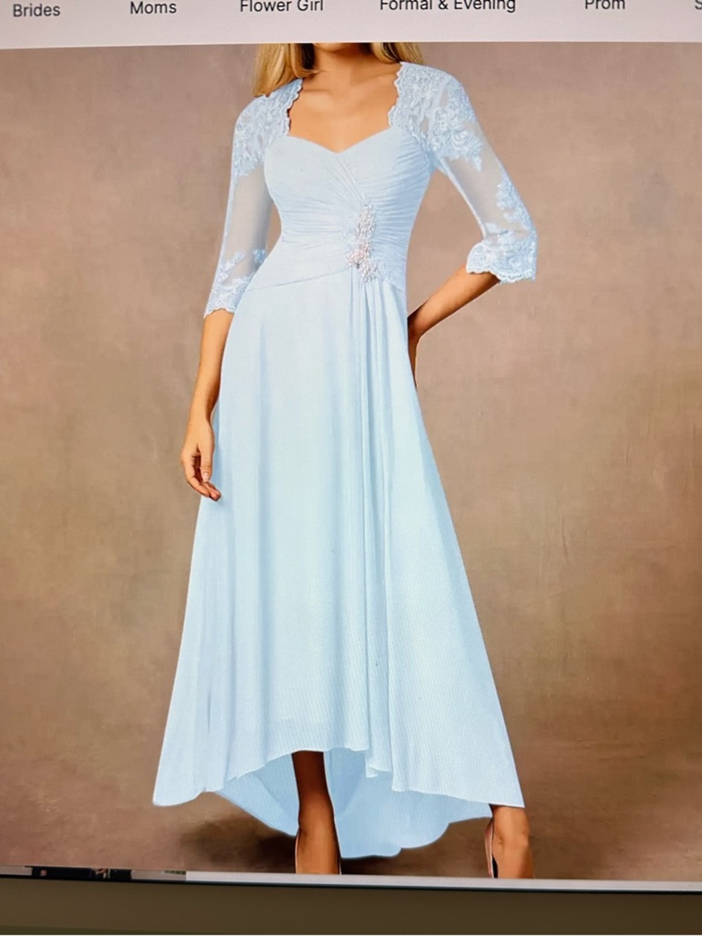 Azazie Light Blue Lace-Sleeve High-Low Dress
